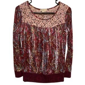 Forever 21 Paisley Long Sleeve Blouse Small Purple Lace Colorful Boho Hippie Art